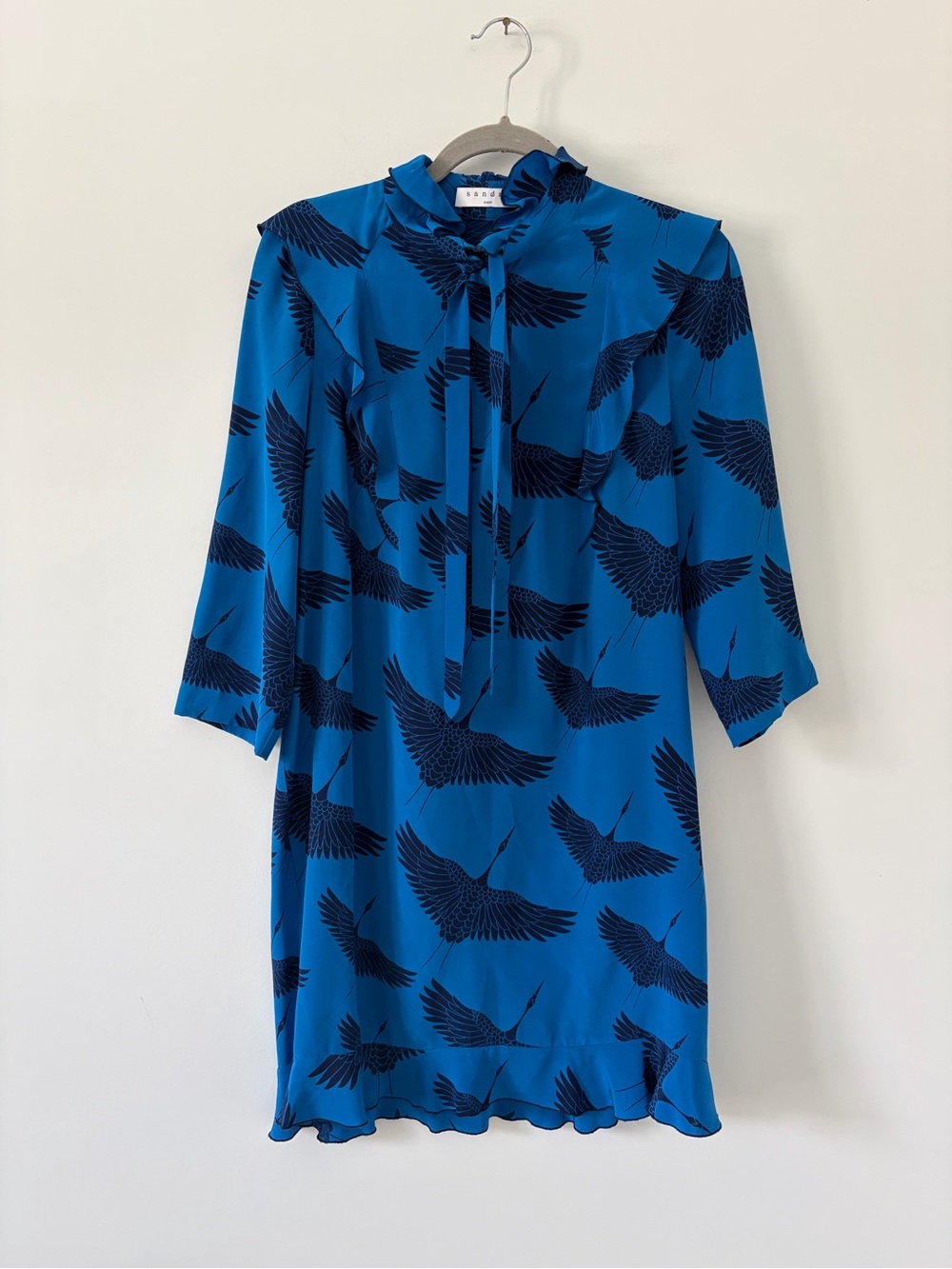 Sandro Bluebella Blue Silk Crane Print 3/4 Sleeve Ruffle Classy Tailored Dress S
